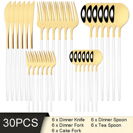 Luxe Feast 30: Elegant White Gold Stainless Steel Cutlery Set for Sophisticated Dining